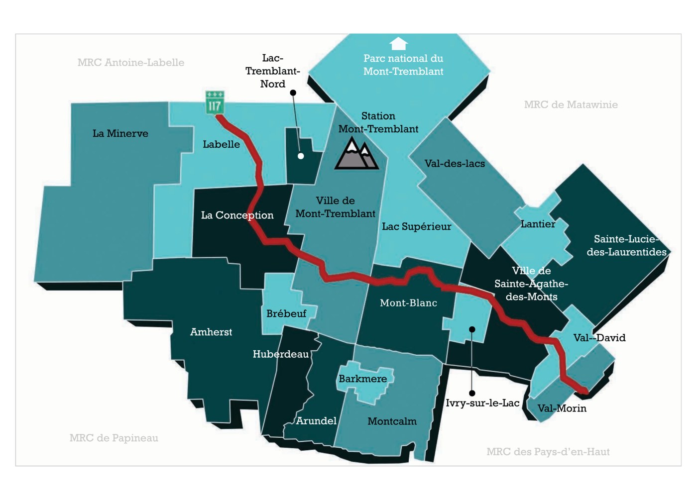 Carte du territoire de la MRC des Laurentides, ses 20 municipalités et les MRC voisines.